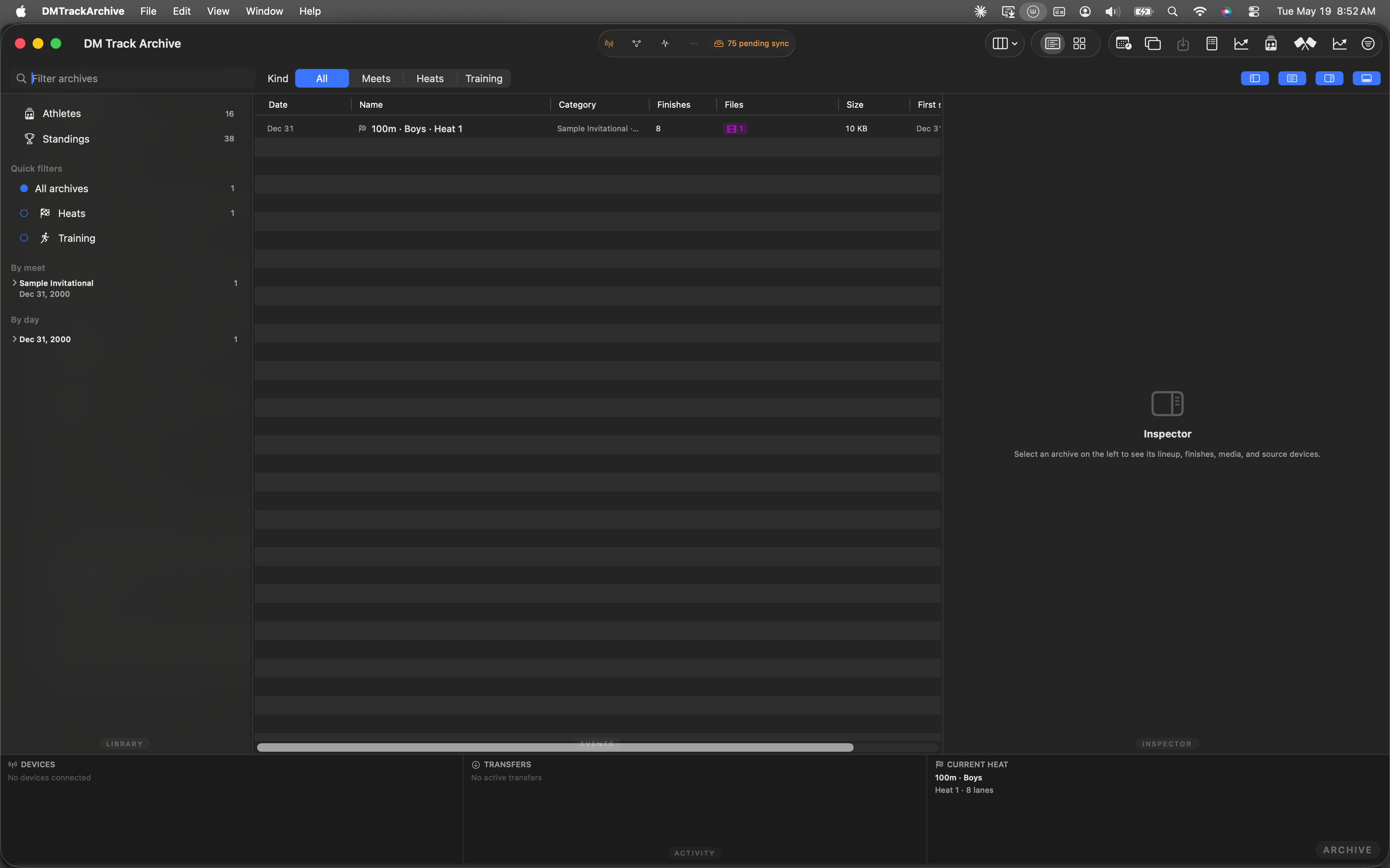 The Mac archive's Live Meet window just after launch with the Sample Invitational fixture loaded.