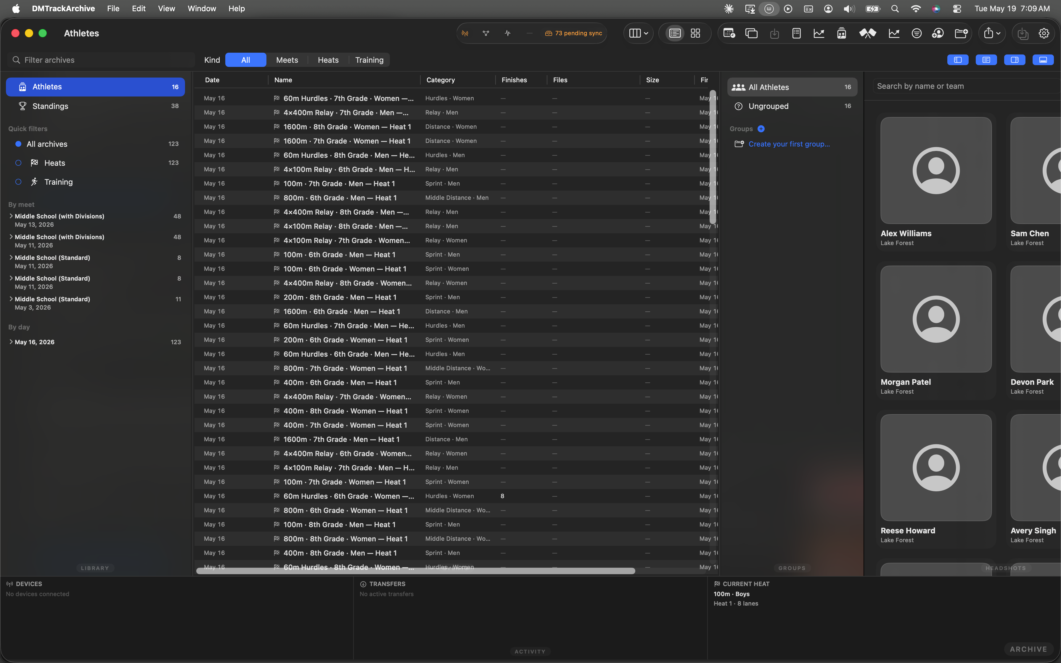 Archive window open on the Athletes page showing the 16 fixture athletes in the inspector pane.