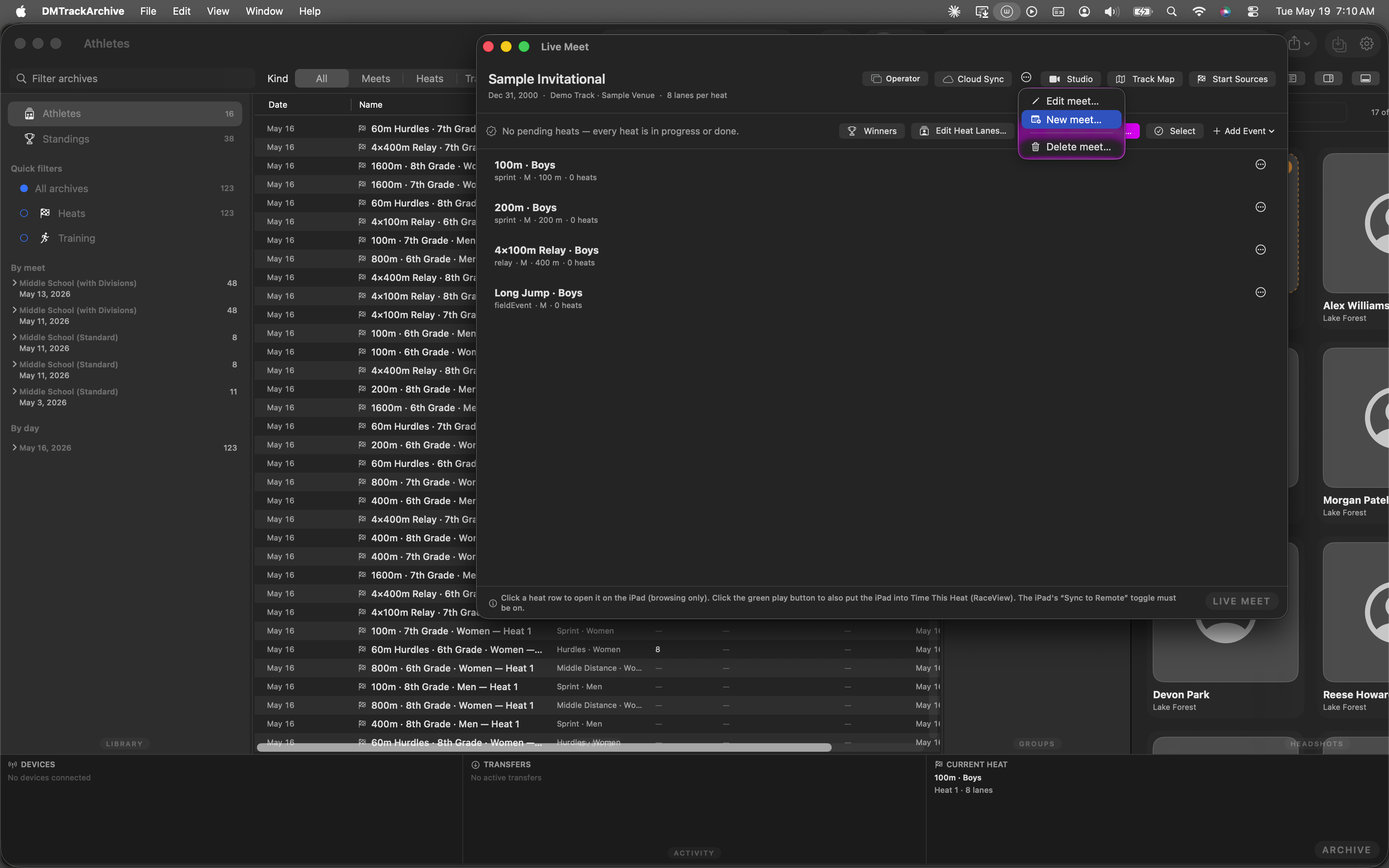 Live Meet's meet menu open showing Edit meet and New meet items, with New meet highlighted in blue.