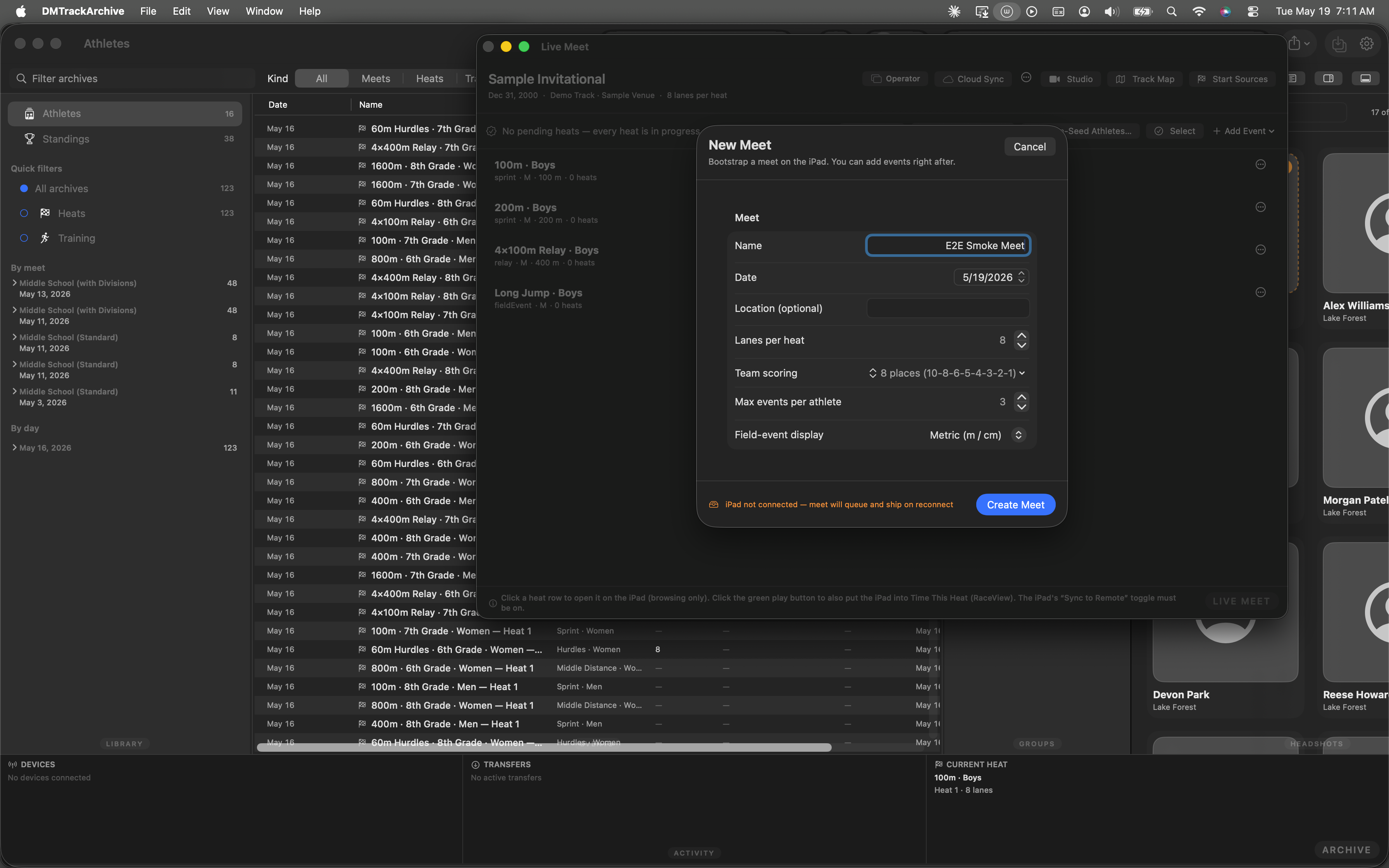 New Meet sheet with Name 'E2E Smoke Meet' typed in; Create Meet button now enabled in blue.