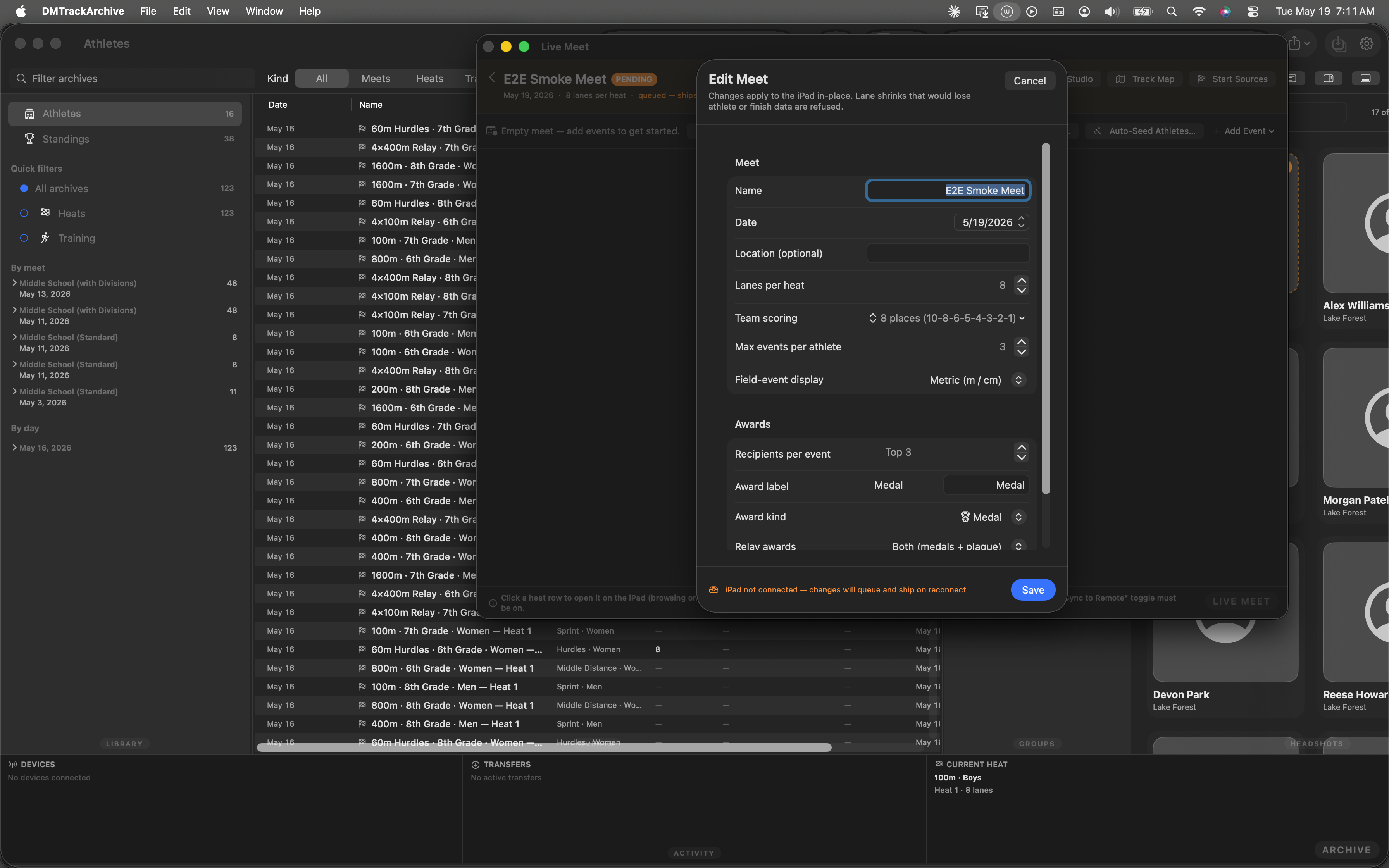EditMeetSheet auto-presented on E2E Smoke Meet showing Name field, Date, Location, Lanes per heat, Team scoring, Max events per athlete, Field-event display, and Awards section with Recipients per event picker.