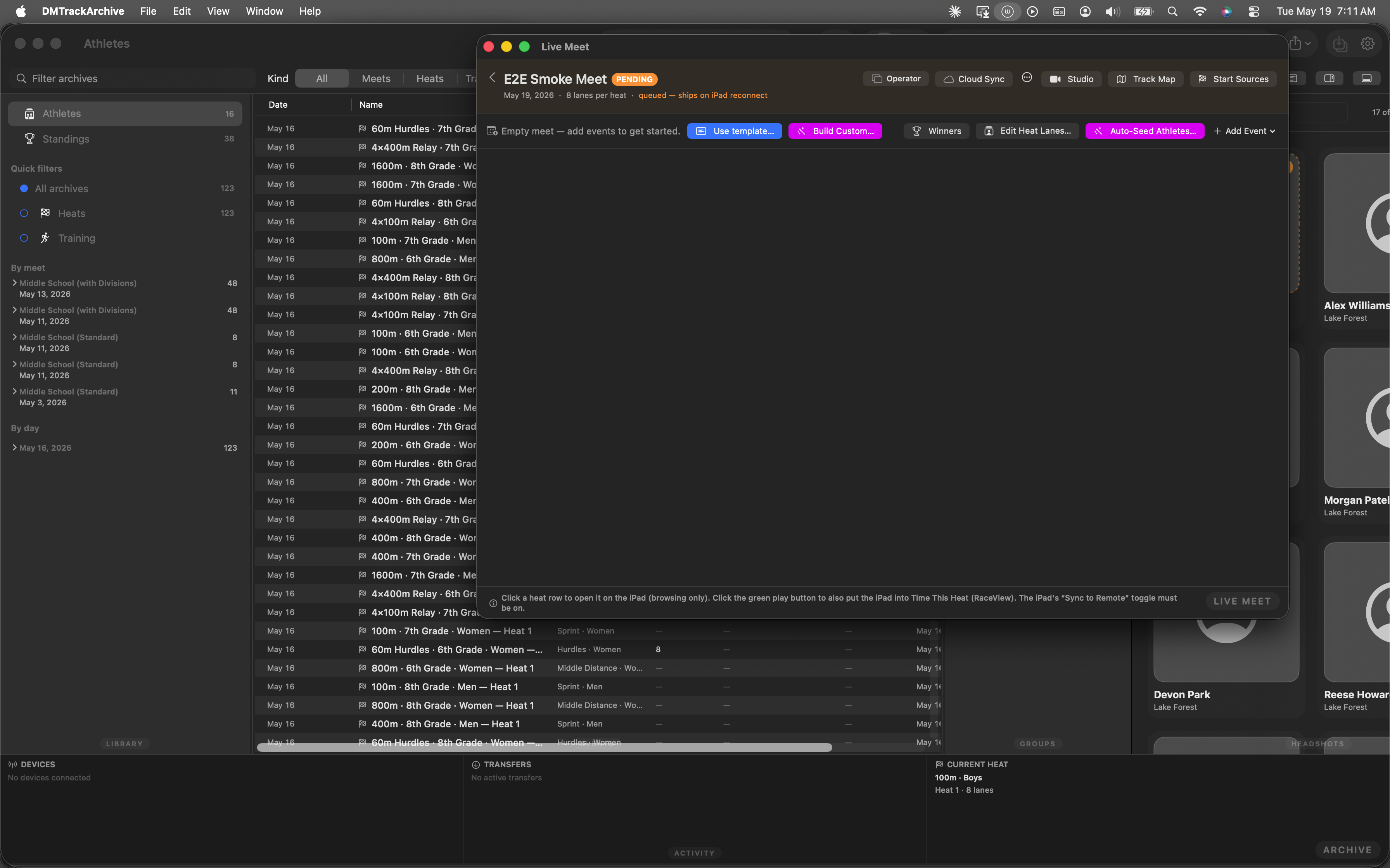 Live Meet header showing E2E Smoke Meet with PENDING badge, empty event list, and the purple Auto-Seed Athletes button visible in the action row.