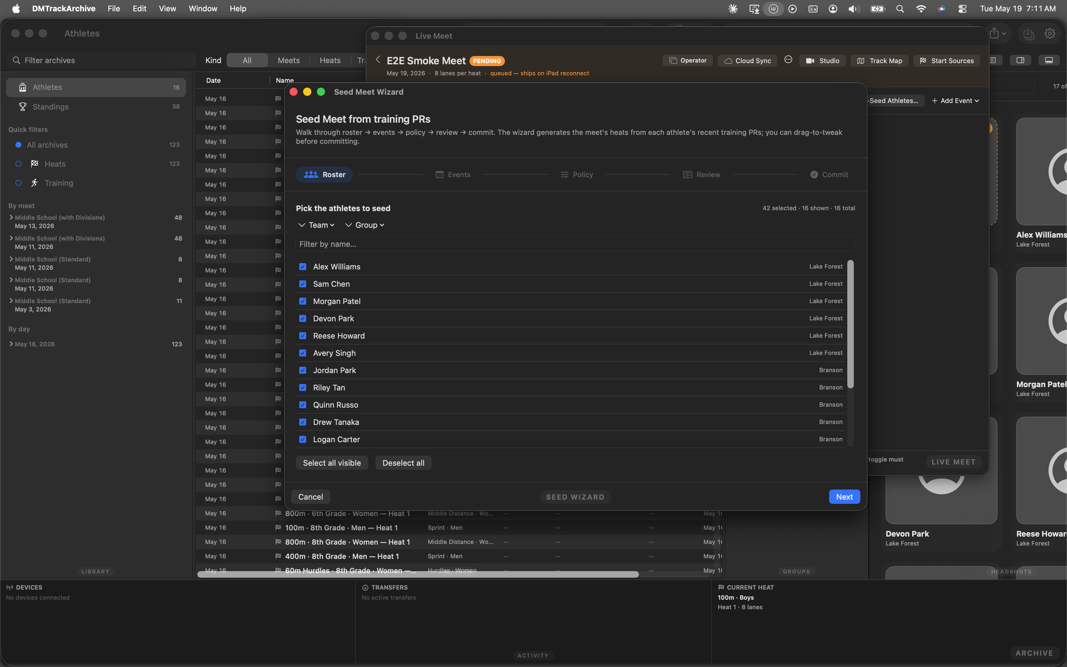 Seed Meet Wizard step 1 showing the roster picker with athlete names, team chips, and the Select all visible button.