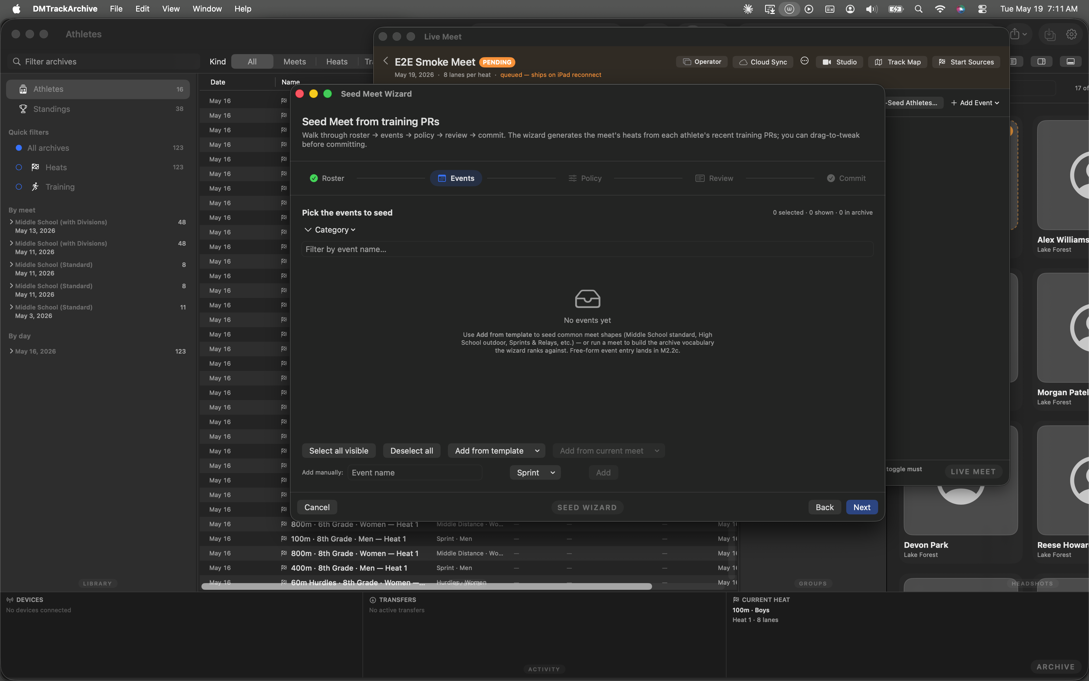 Seed Meet Wizard step 2 showing event picker with archive vocabulary and Add from template / Add from current meet / Add manually controls along the bottom.