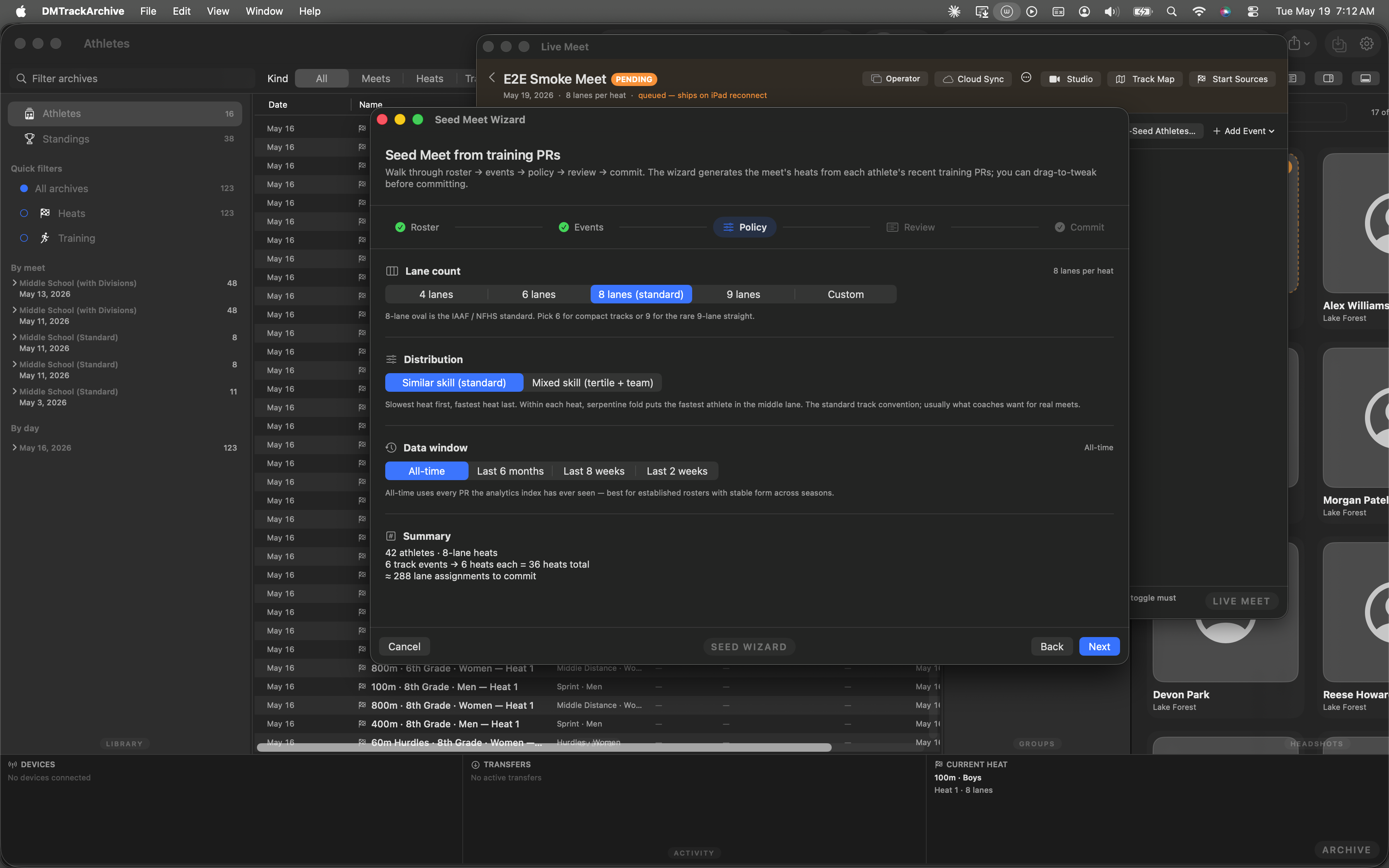 Seed Meet Wizard step 3 policy step showing Lane count, Distribution, Data window pickers with a live summary at the bottom.