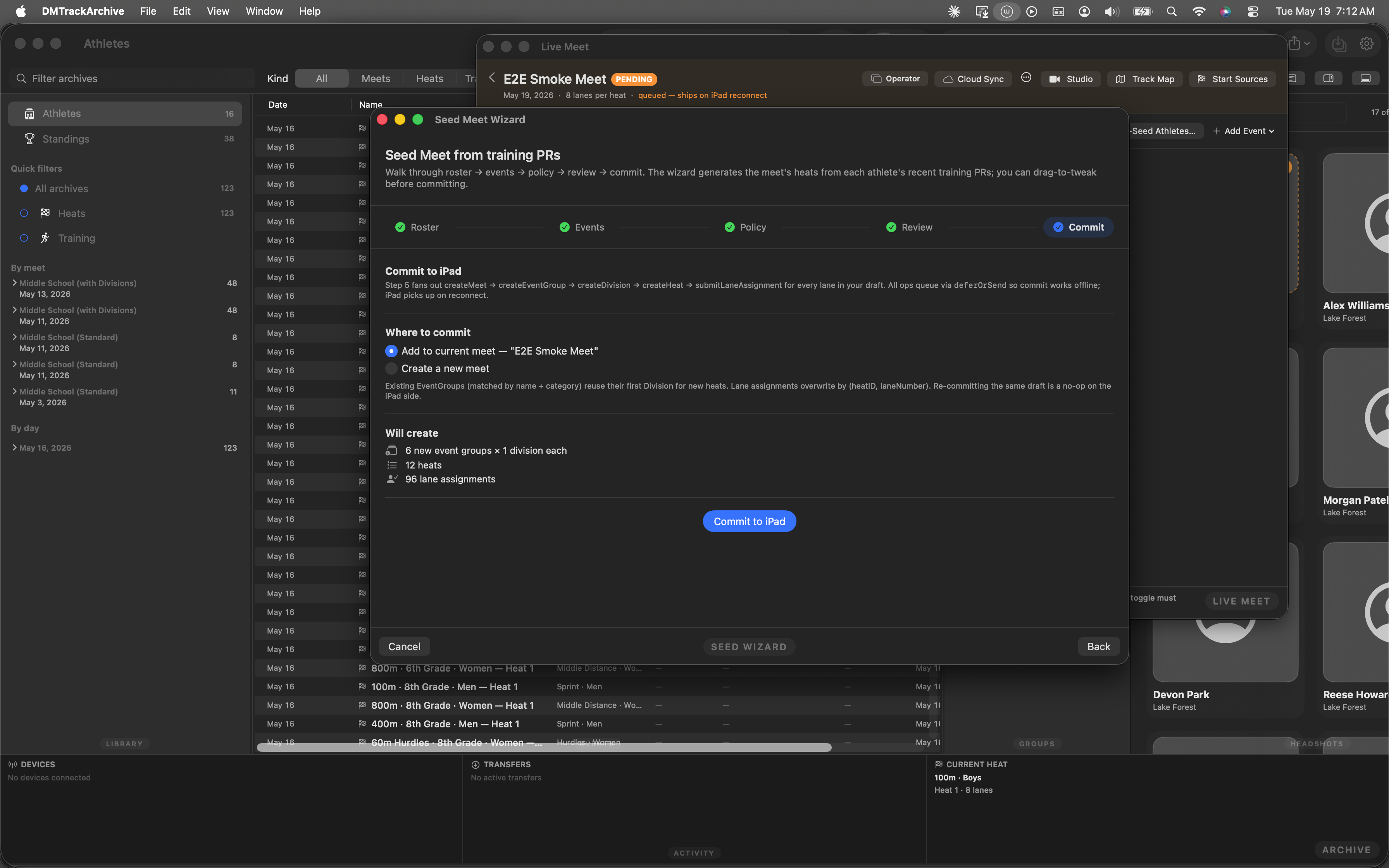 Seed Meet Wizard step 5 commit showing destination radio buttons, Will create summary listing 6 new event groups × 1 division each, 12 heats, 96 lane assignments, and the prominent Commit to iPad button in the center.