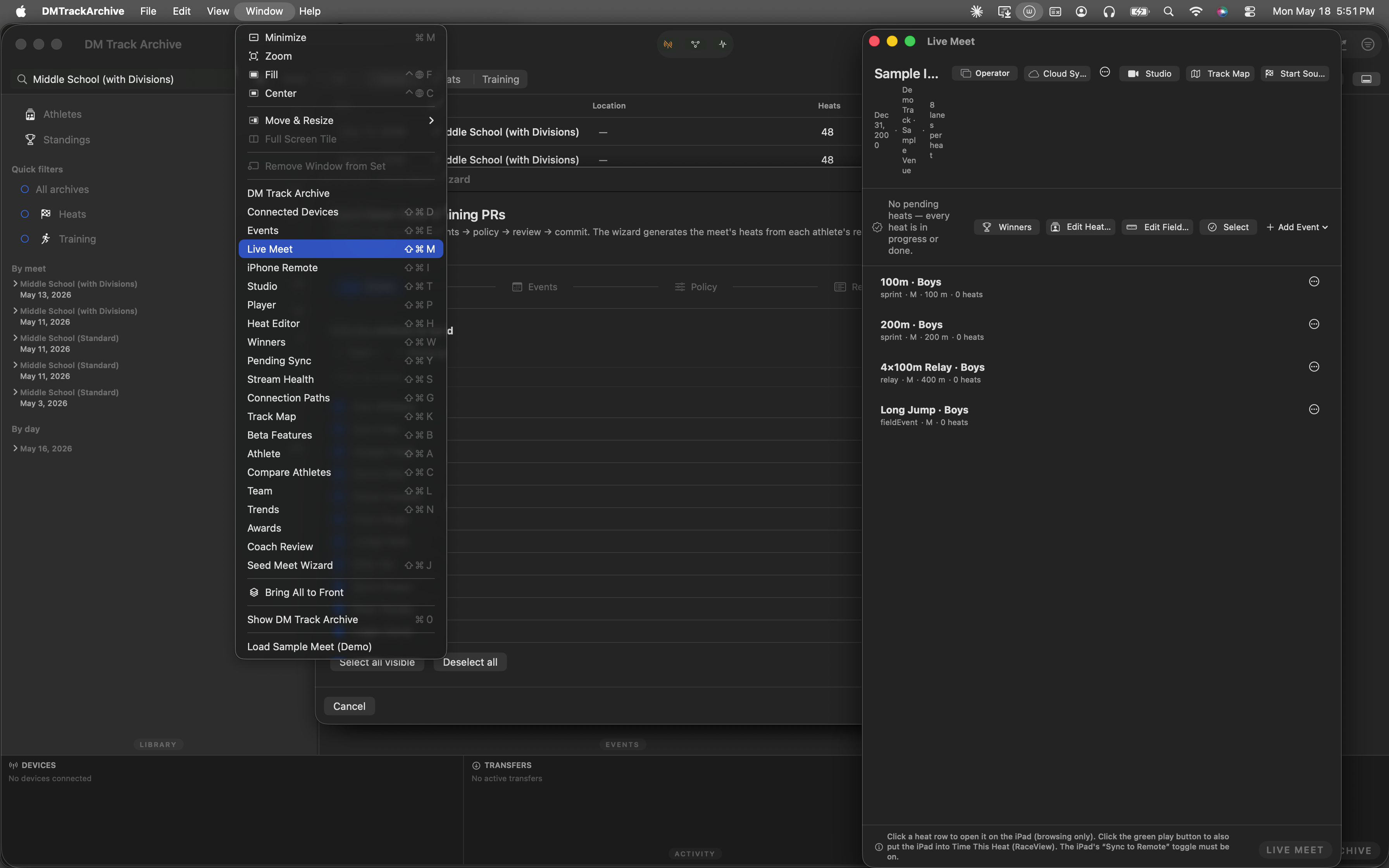 Window menu open with Live Meet highlighted in blue.