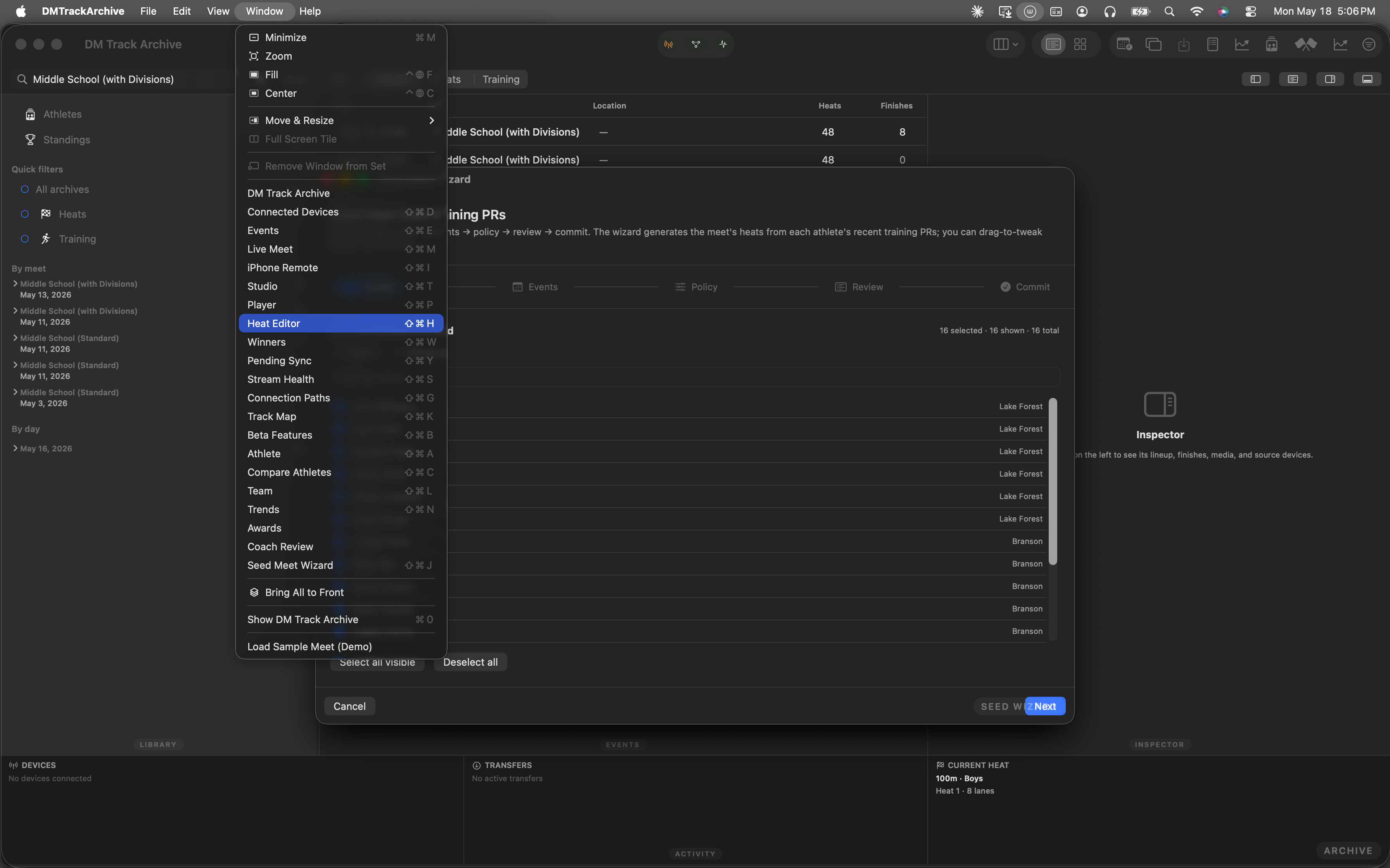 Window menu open with Heat Editor highlighted in blue, showing its Cmd+Shift+H keyboard shortcut.