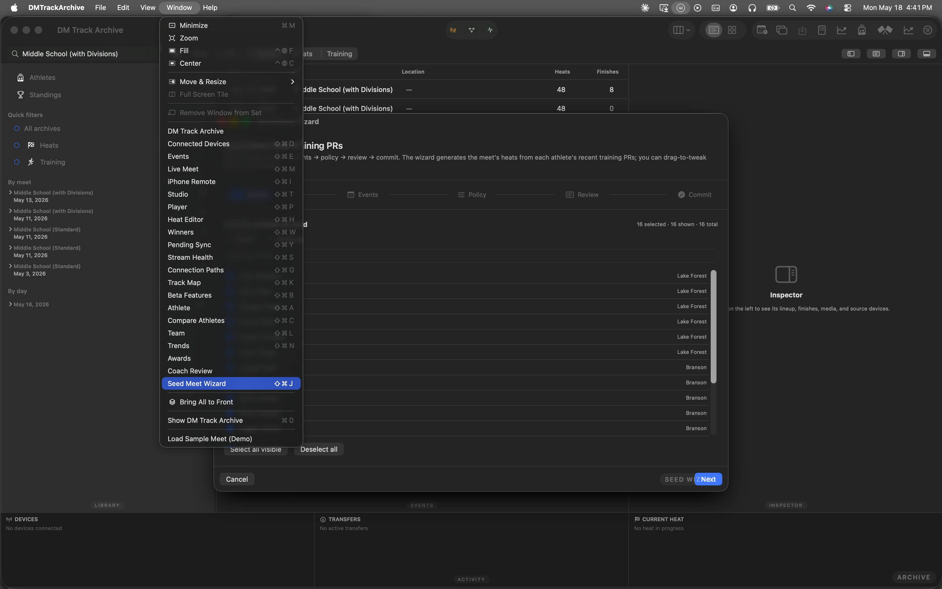 The Window menu open with Seed Meet Wizard highlighted in blue at the bottom, showing its Cmd+Shift+J shortcut.