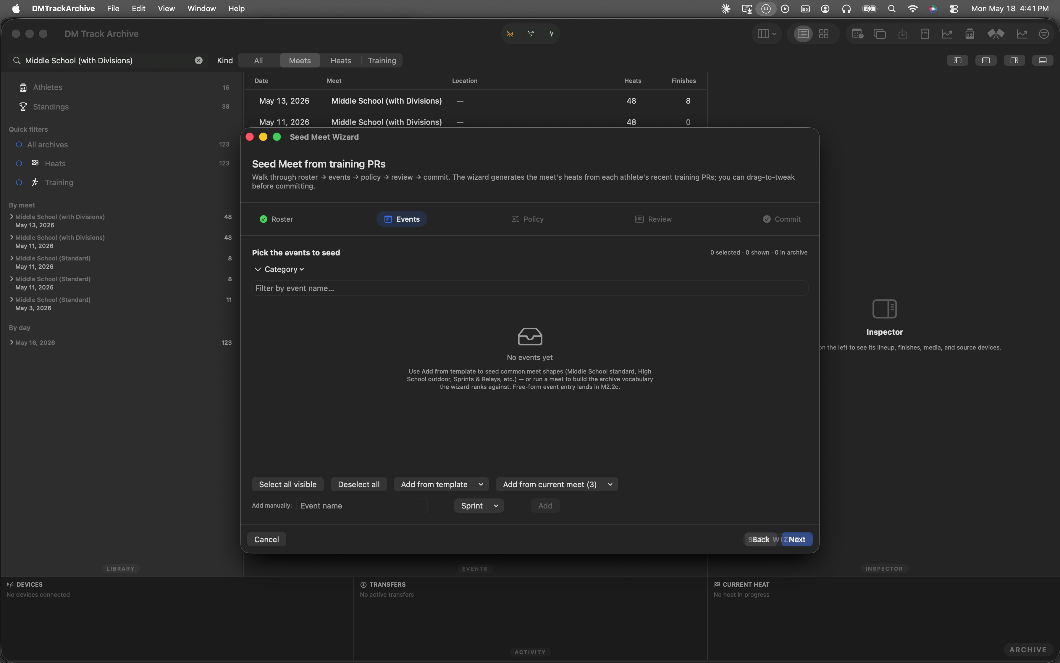 Step 2 with empty archive — empty state explaining the template path is shown.