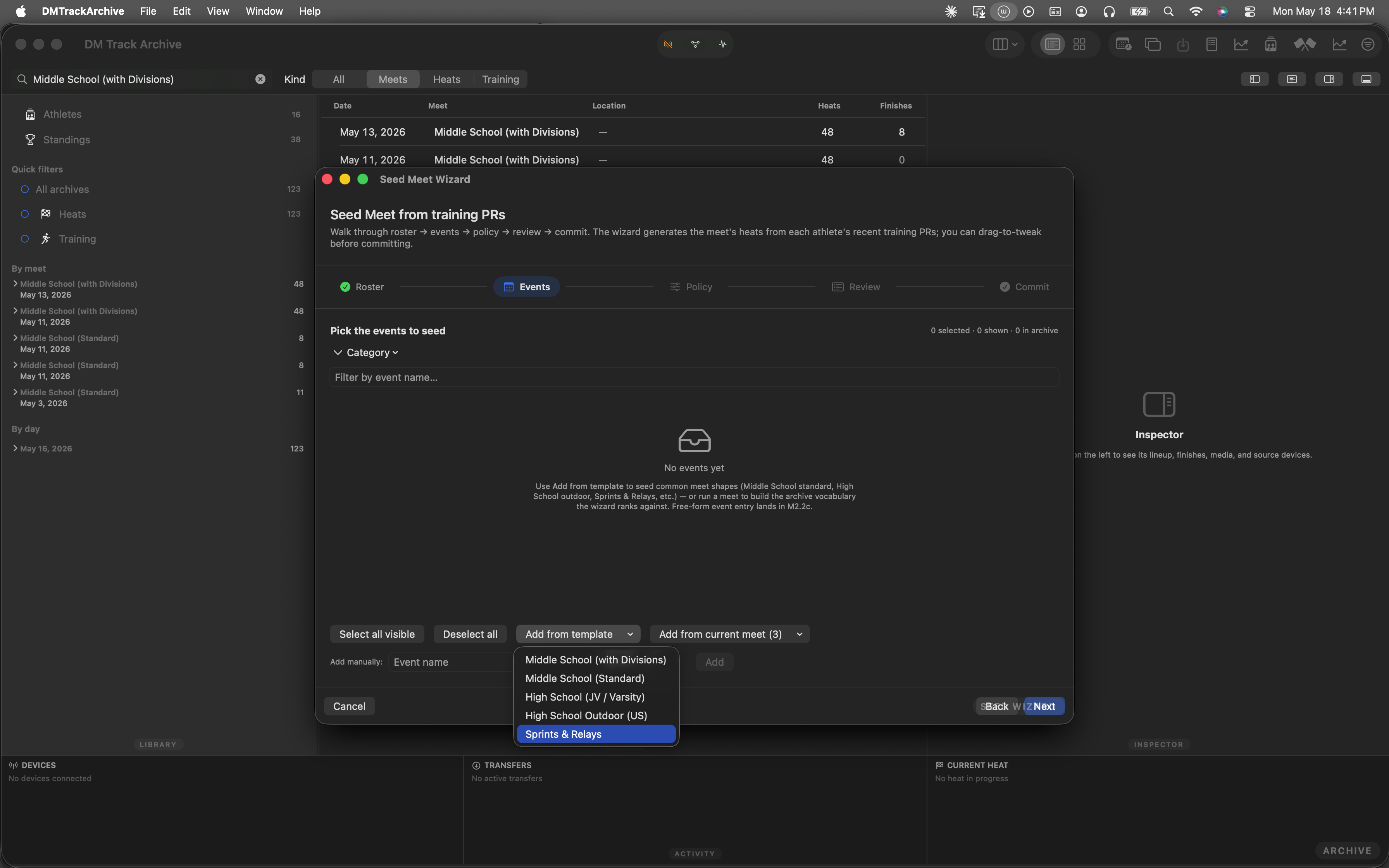 Add from template menu open with five presets listed; Sprints & Relays highlighted in blue at the bottom.