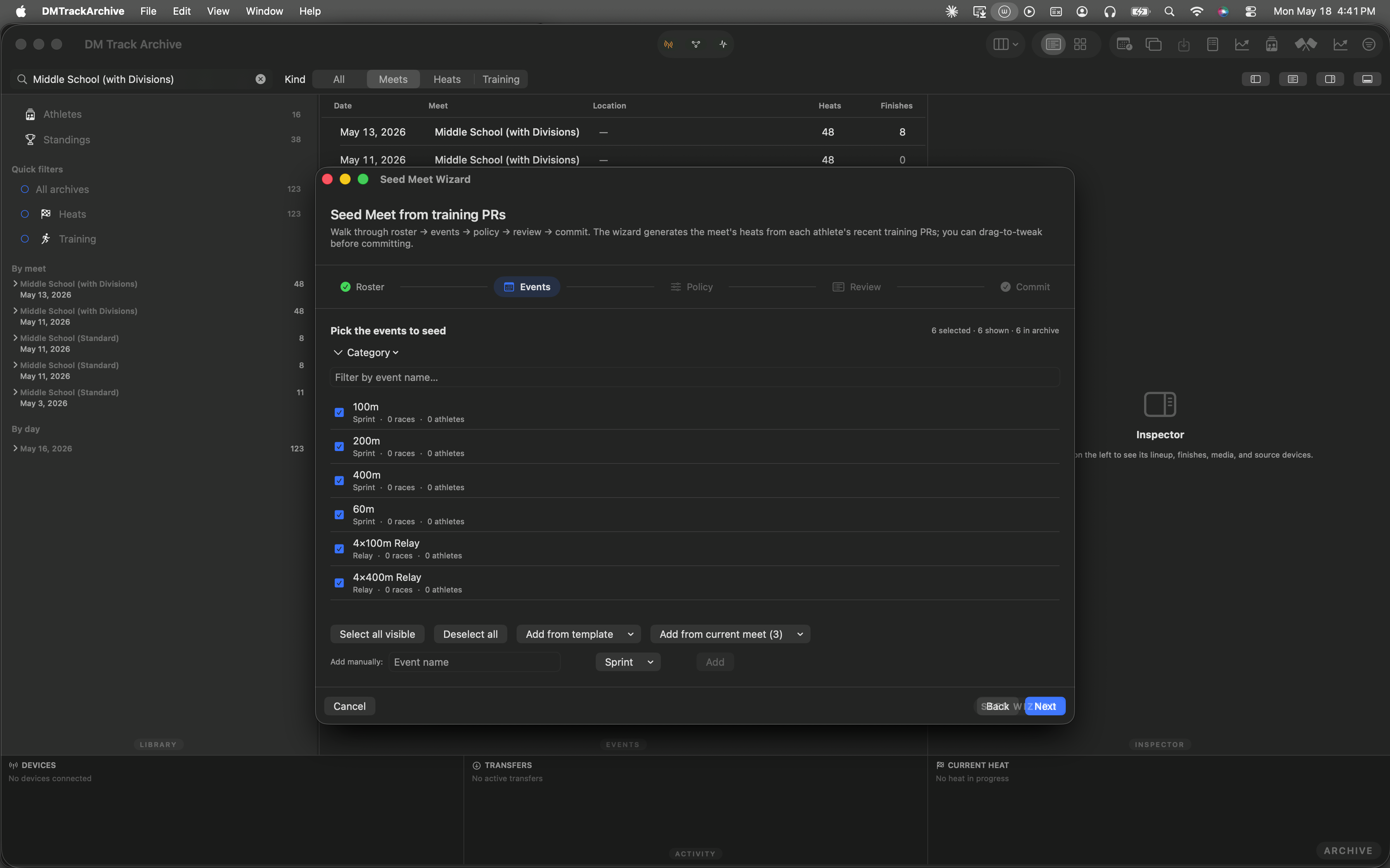 Step 2 after adding the Sprints & Relays template — 6 events checked off in the picker.
