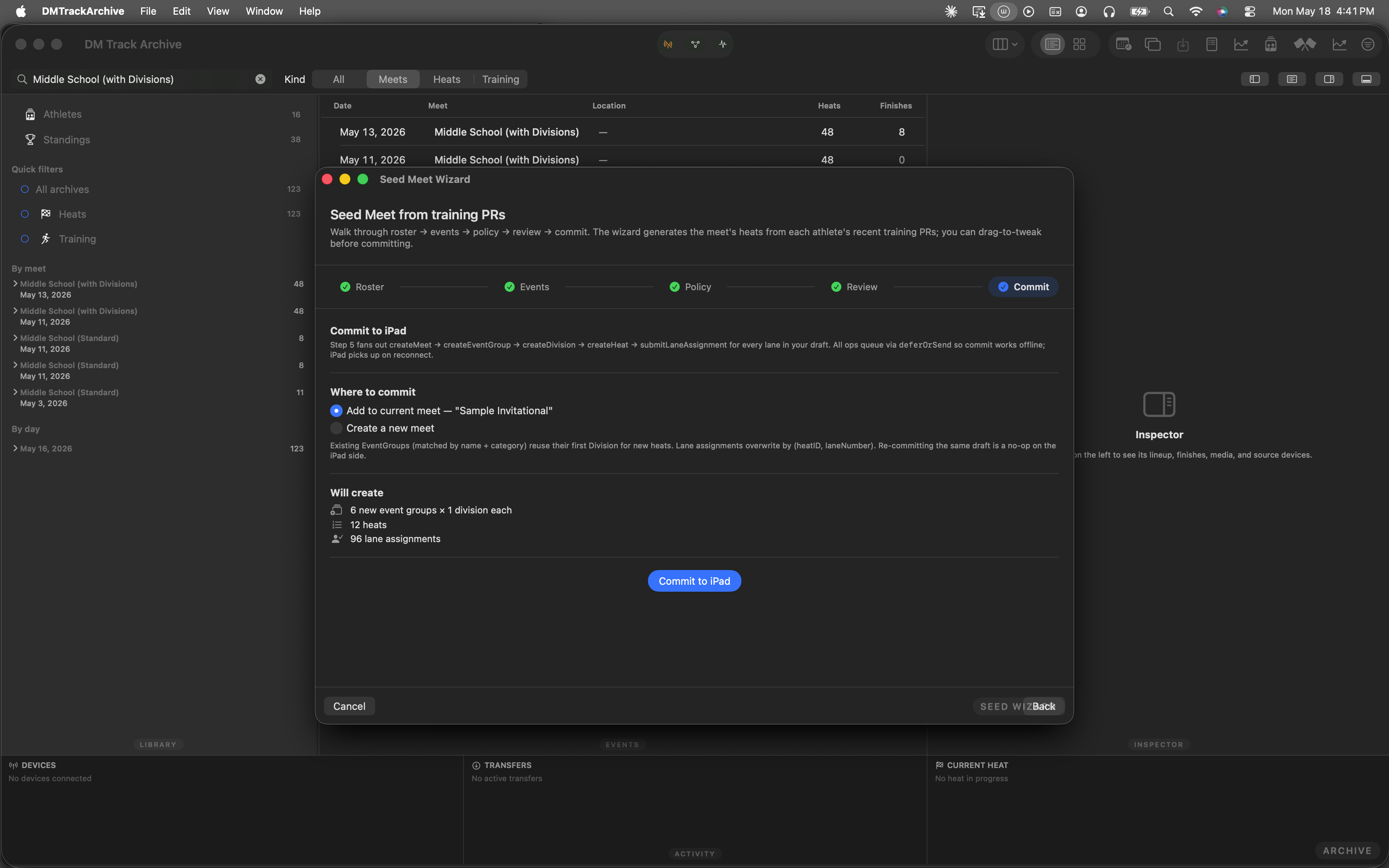 Step 5 commit step showing the destination picker, meet metadata form, will-create summary, and the prominent Commit to iPad button.