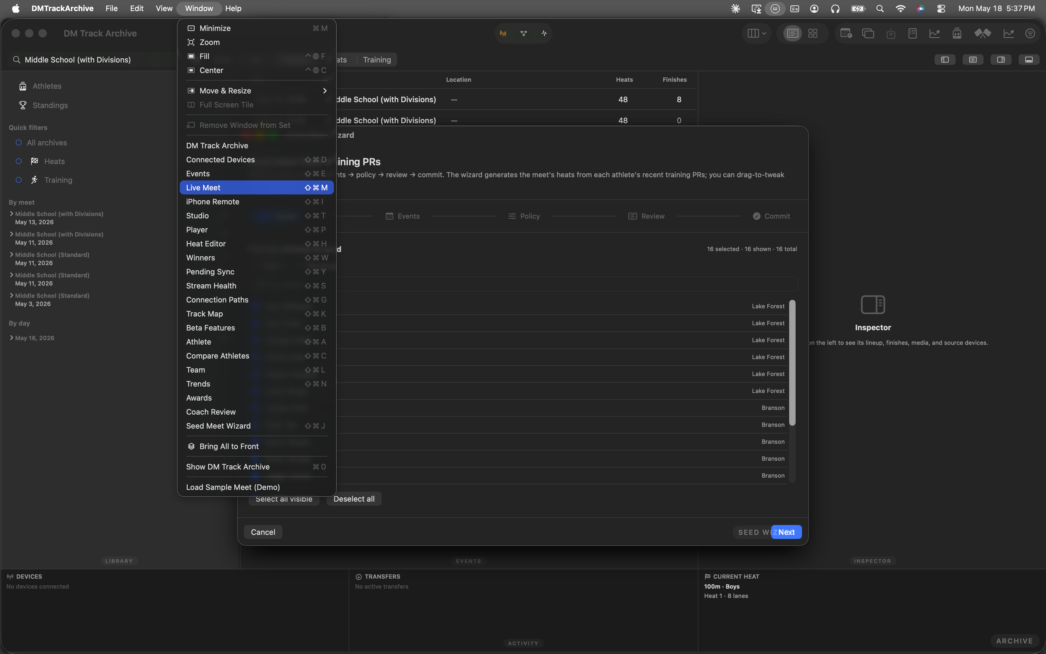 Window menu open with Live Meet highlighted in blue, showing its Cmd+Shift+M shortcut.