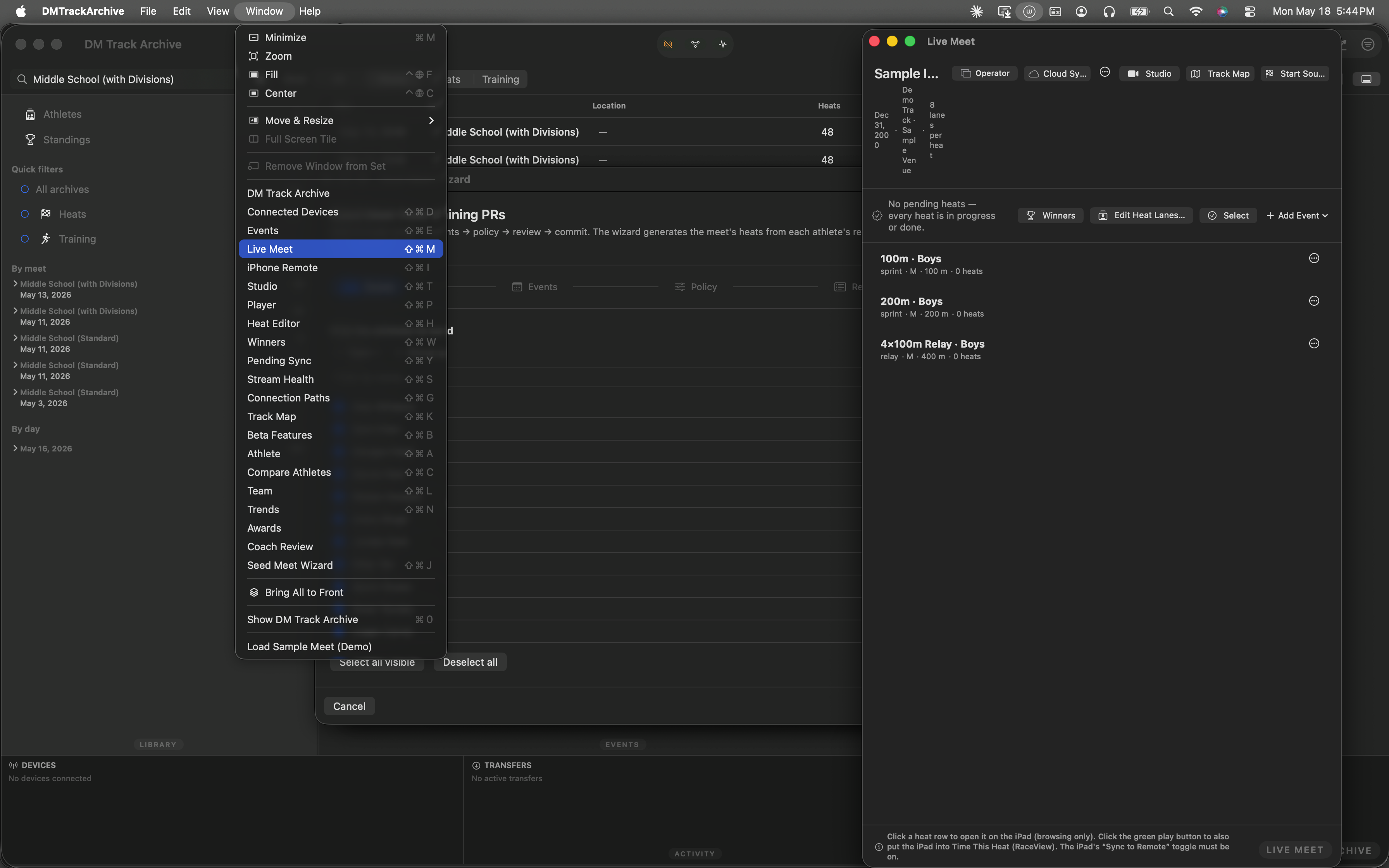 Window menu open with Live Meet highlighted in blue.