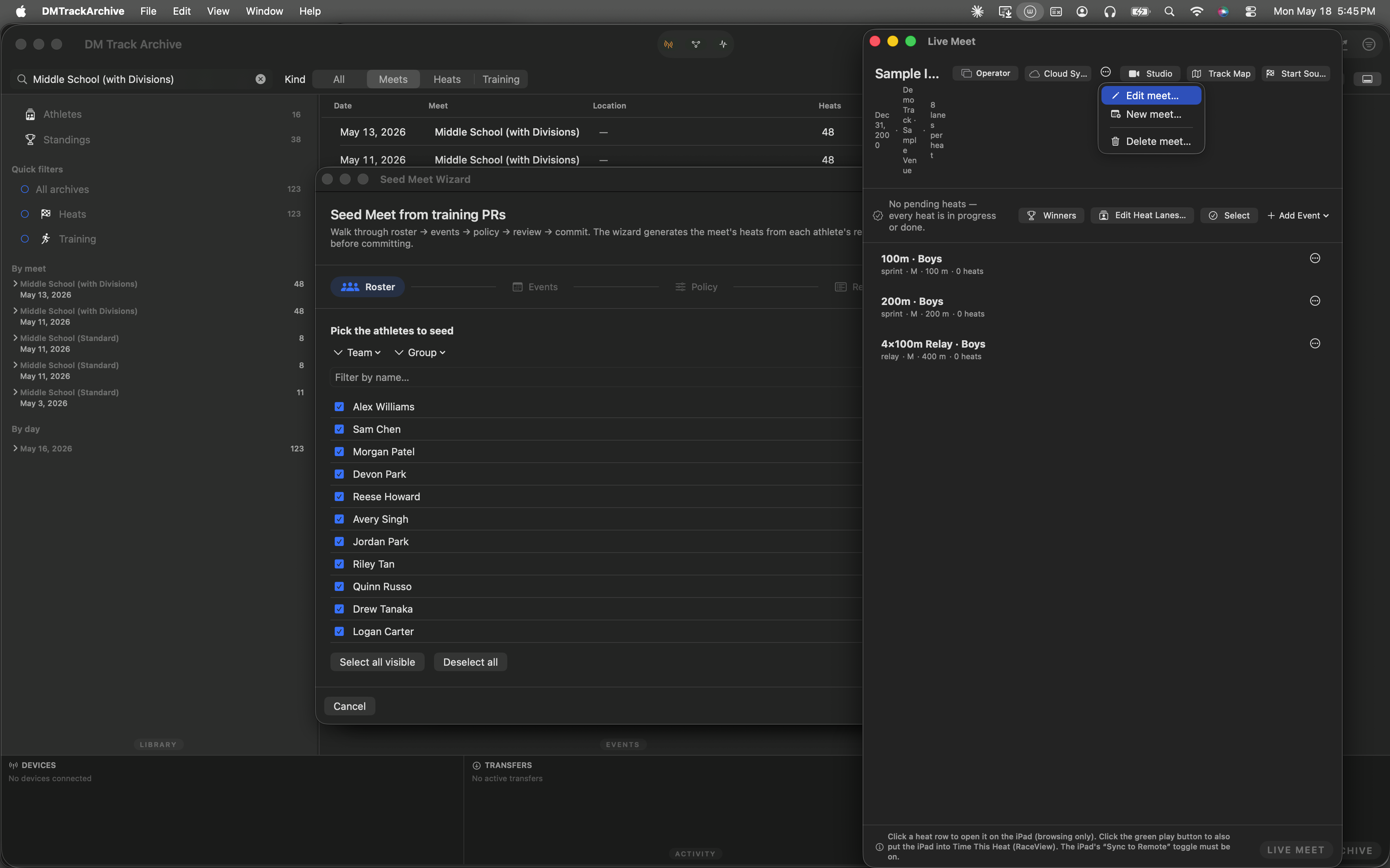 Meet menu open with Edit meet highlighted in blue at the top.