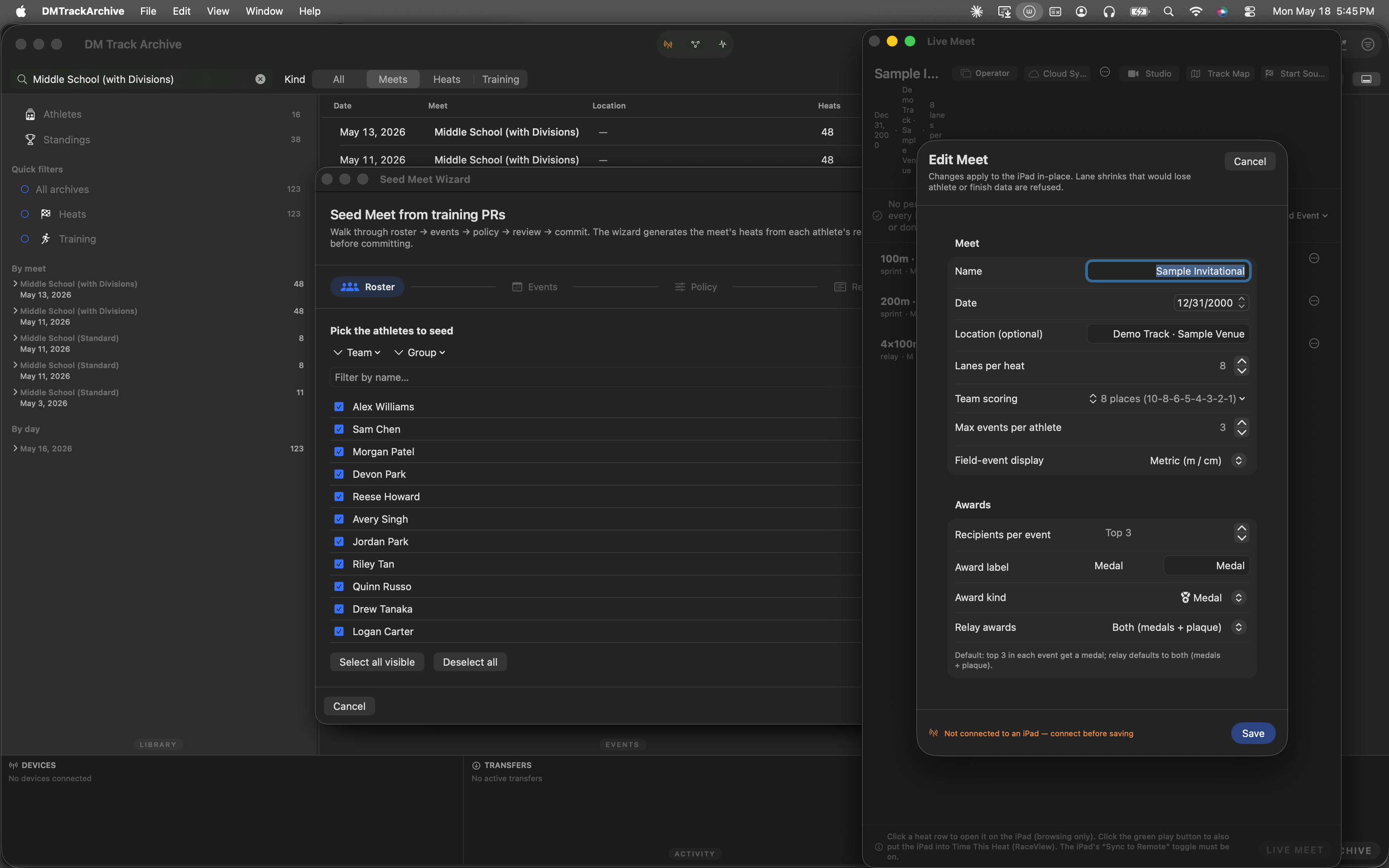 EditMeetSheet open with the Awards section visible — Recipients per event, Award label, Award kind, Relay awards controls.