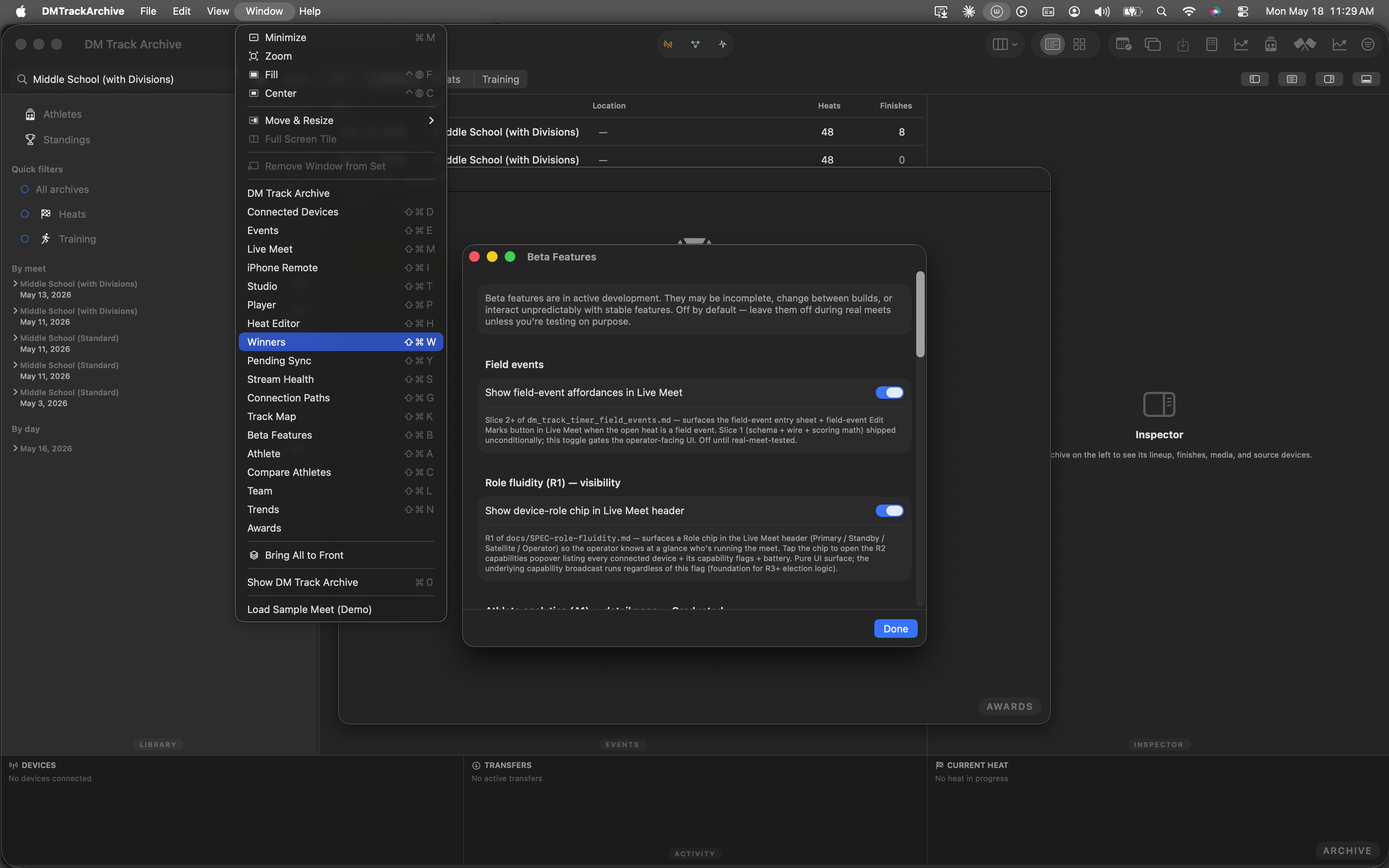 The Window menu open, showing the Winners menu item among other windows.