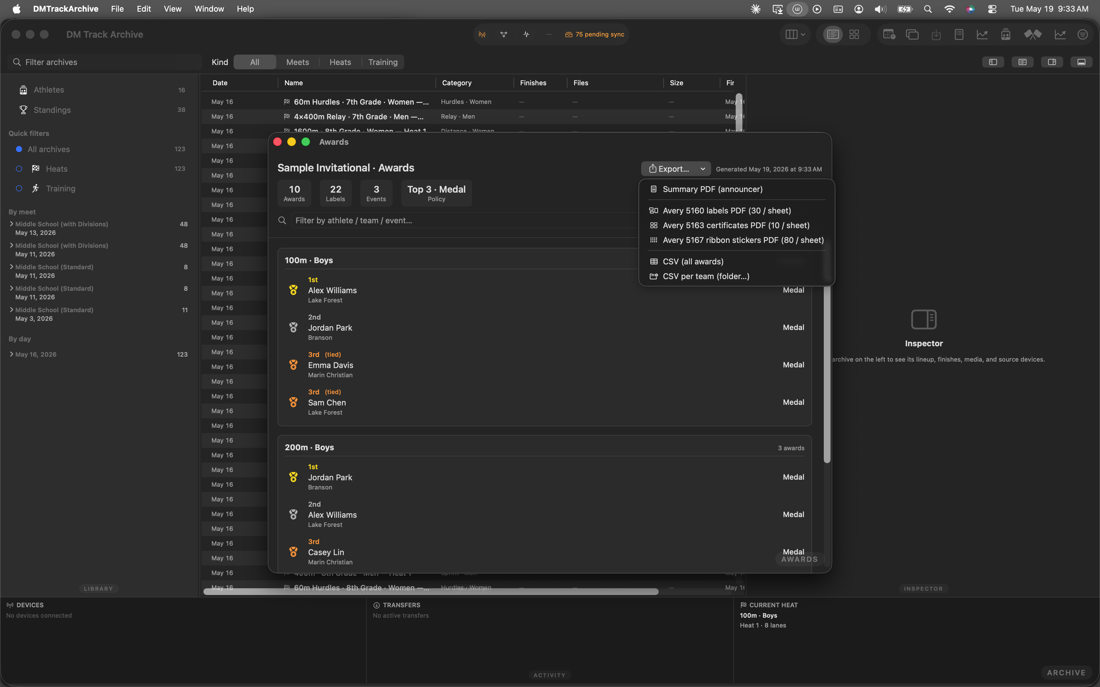 Export menu fully expanded showing Summary PDF, three Avery sizes (5160 30/sheet, 5163 10/sheet, 5167 80/sheet), CSV all awards, and CSV per team folder option.