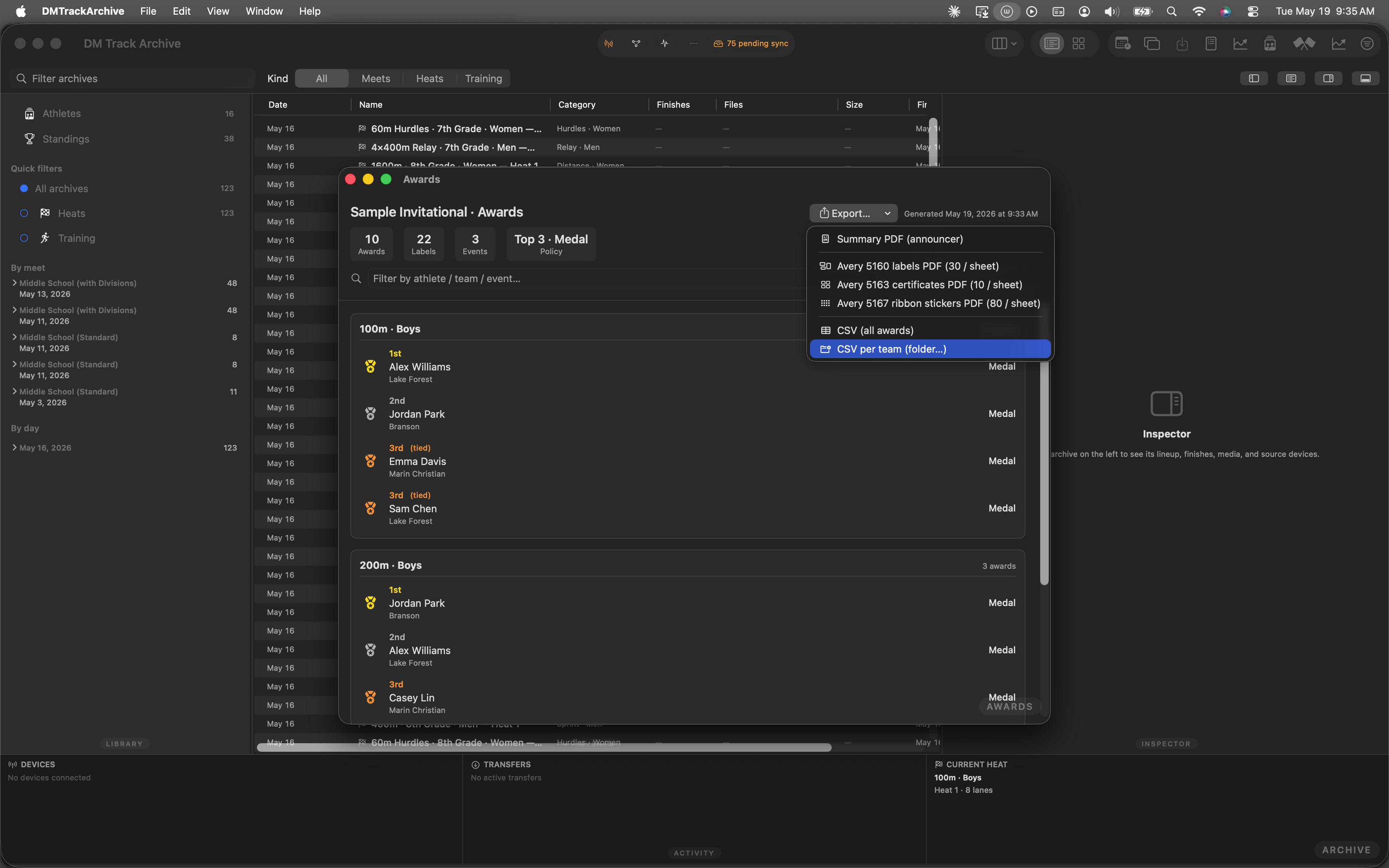 Export menu with CSV per team (folder…) highlighted in blue at the bottom of the menu.