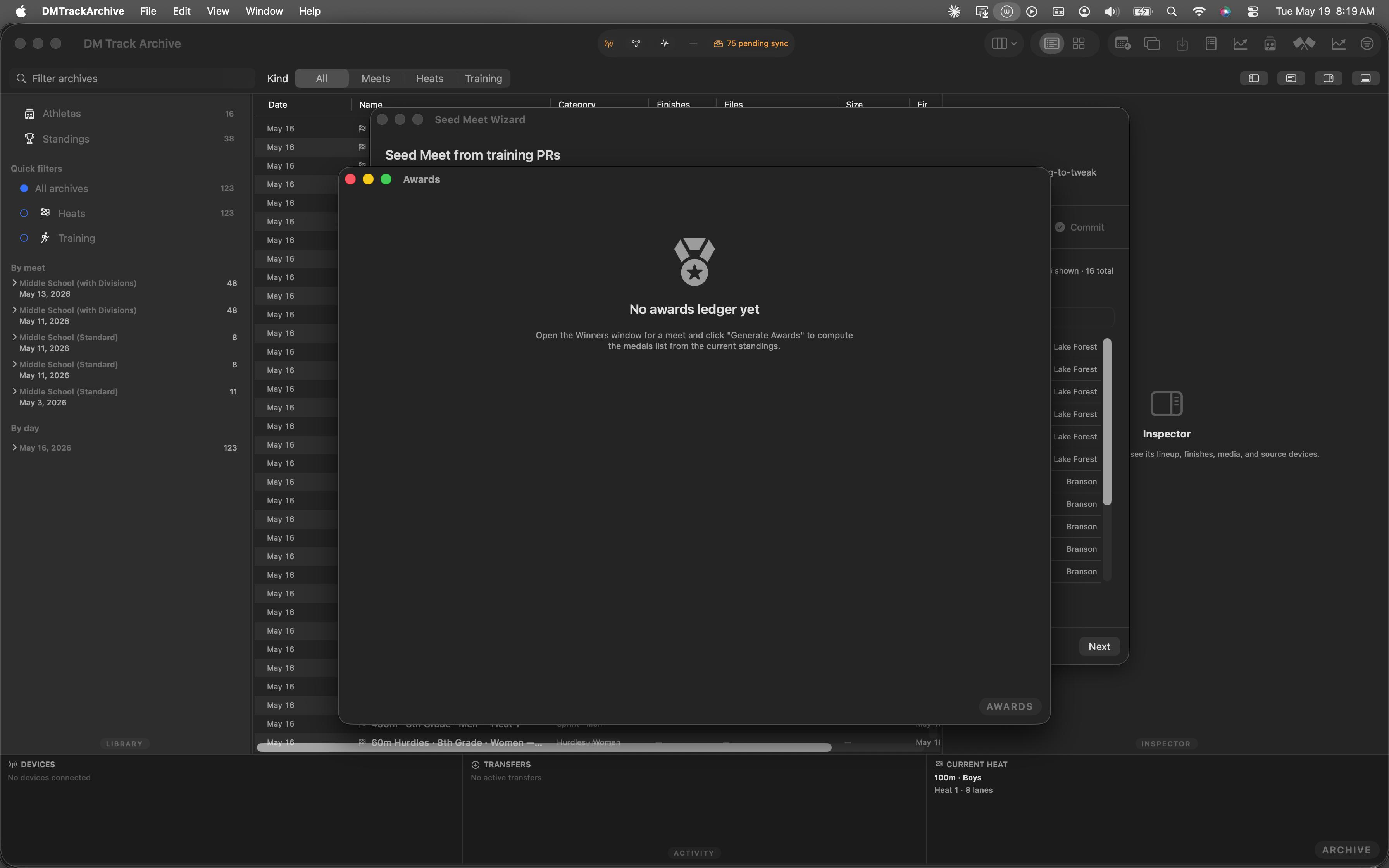 The Mac archive just after launch with the fixture loaded.