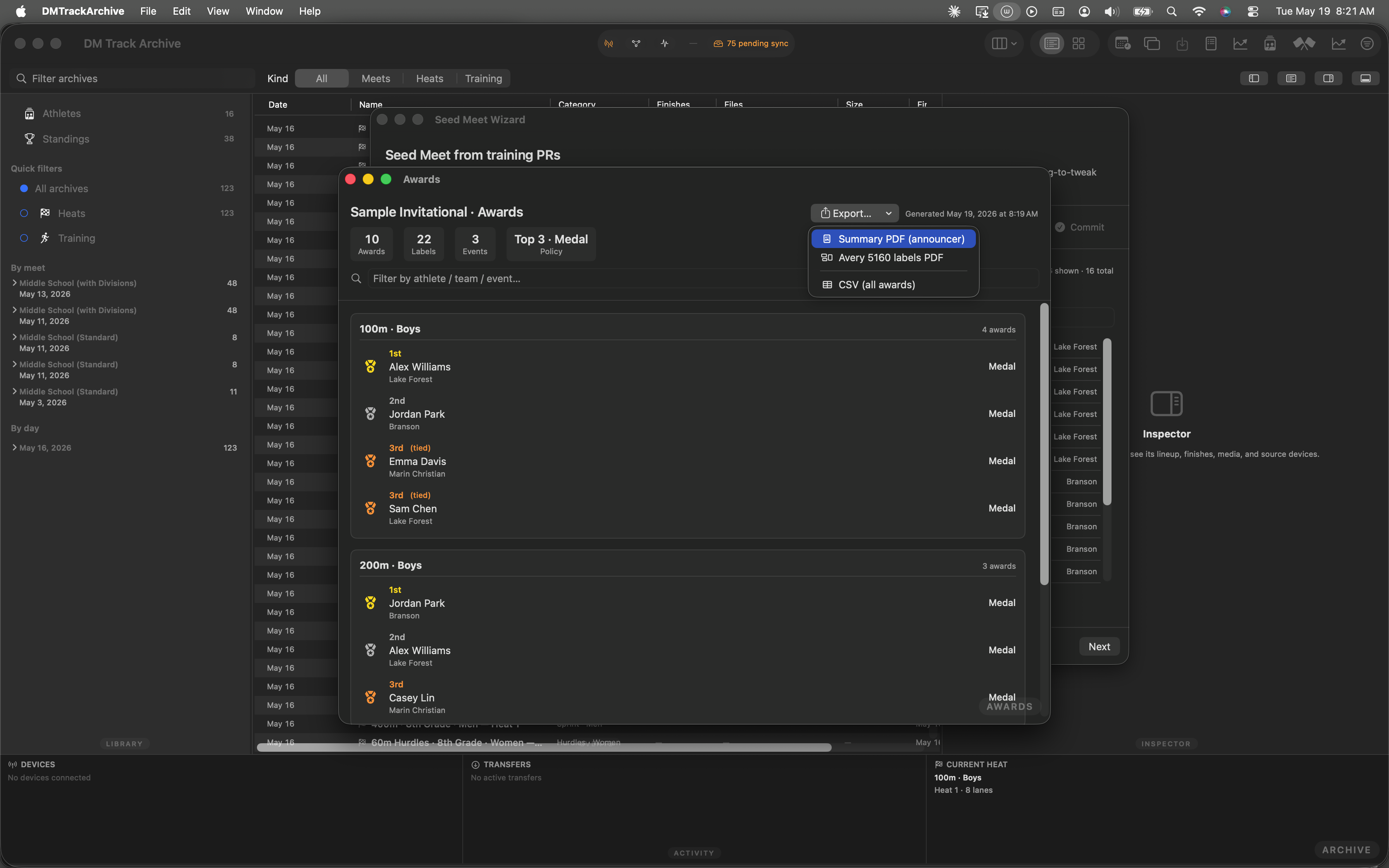 Export menu still open with Summary PDF (announcer) item highlighted at the top of the menu.