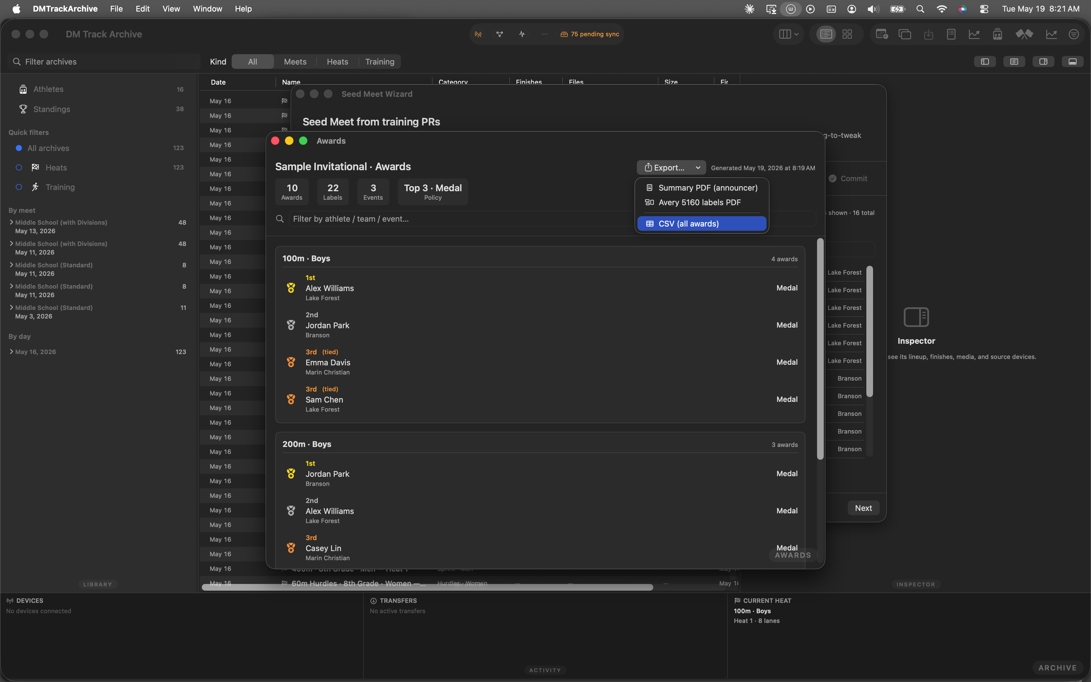 Export menu with CSV (all awards) item highlighted at the bottom.