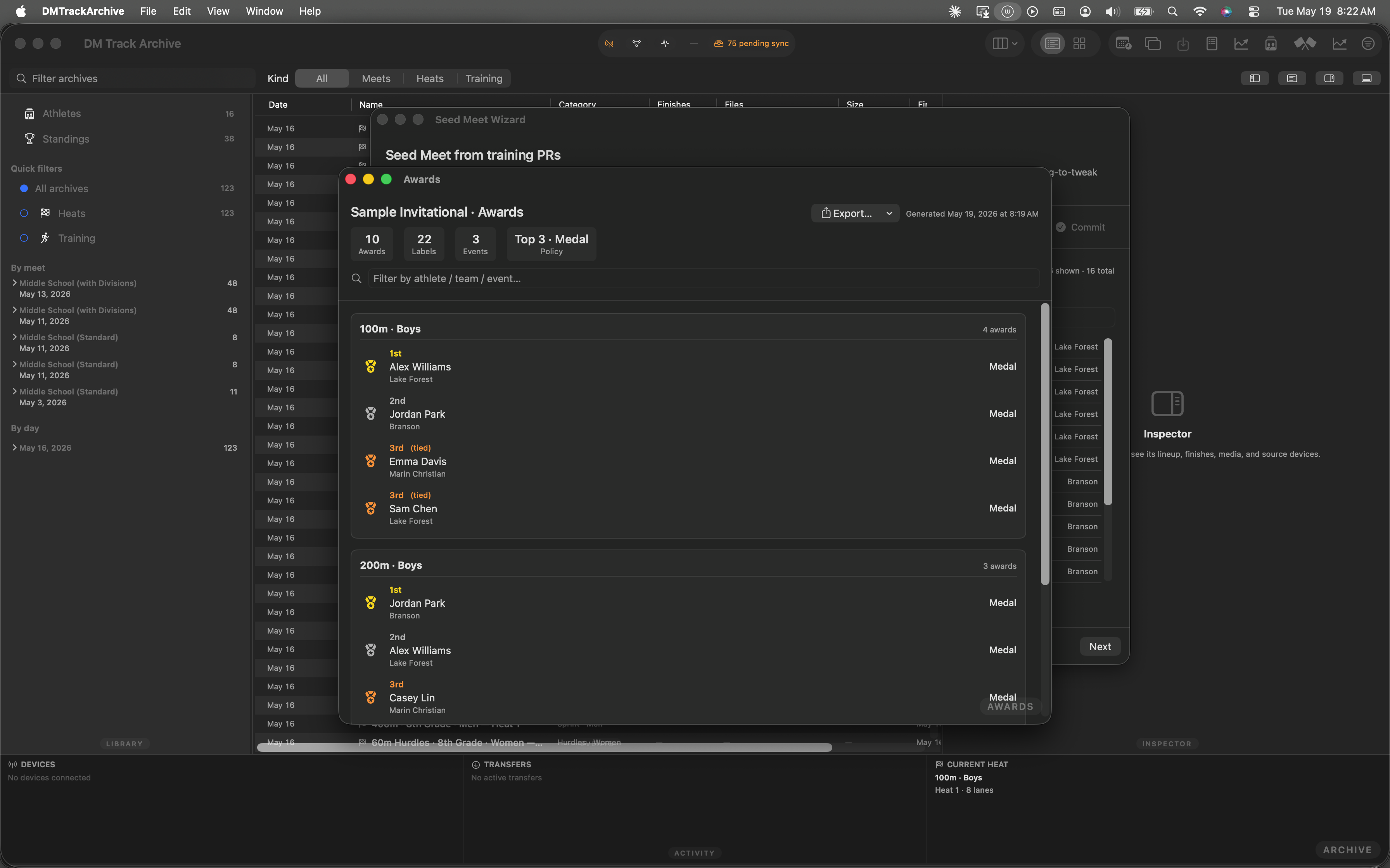 Awards window after export, back to default header showing meet name and award counters.